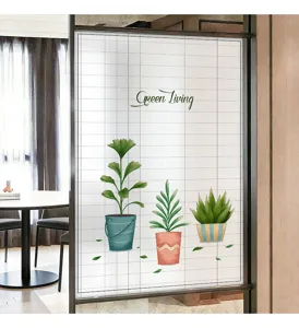 Decorative frosted privacy glass film with green potted plants and Green Living text.