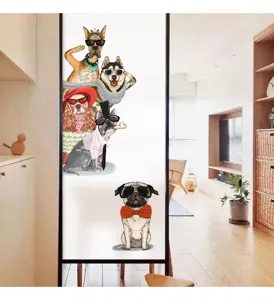 Frosted window film featuring cool cartoon dogs for bathroom privacy and home decoration