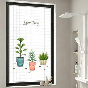Cartoon Plant Green Leaf Frosted Glass Window Sticker Static Cling Privacy Protection Film For Bathroom Bedroom Home Decoration