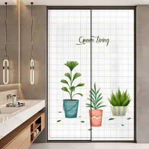 Frosted glass privacy window film featuring cartoon green plants and a grid pattern design