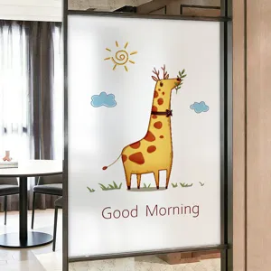 Cartoon giraffe frosted glass sticker for privacy protection with Good Morning text.