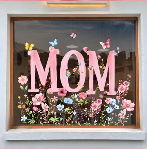 Festive floral Mother's Day static window stickers featuring pink MOM text decoration