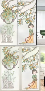 Detail van matte raamfolie met traditionele Chinese meisjes- en bamboe-illustratie