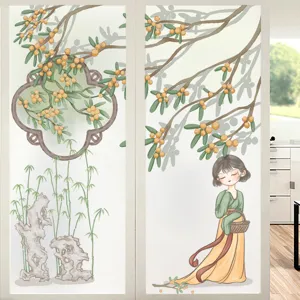 Statische Kleefkracht Gematteerde Glasfolie Privacyfolie Voor Badkamer Schuifdeur Chinese Stijl Hanfu Meisje Bamboe Patroon Raamsticker