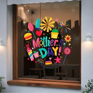 Detailansicht eines farbenfrohen Muttertags-Fensteraufklebers an einer Ladenfront