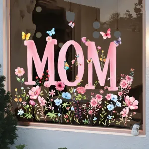 Floral MOM window cling sticker for Mother's Day shop front glass decoration.