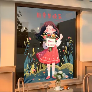 Vue détaillée de l'autocollant de fenêtre Fête des Mères avec fille et fleurs sur vitre
