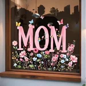 Decorative Mother's Day window stickers with pink 'MOM' text and colorful floral elements.