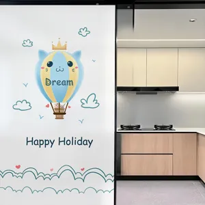Decorative frosted window film featuring a cute cat hot air balloon and clouds design
