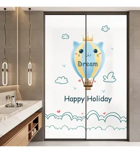 Detail view of cartoon cat hot air balloon frosted privacy glass sticker in a bathroom
