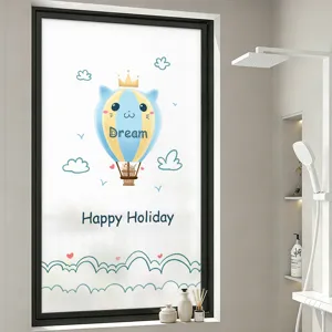 Frosted privacy window film with cartoon cat hot air balloon and Dream design