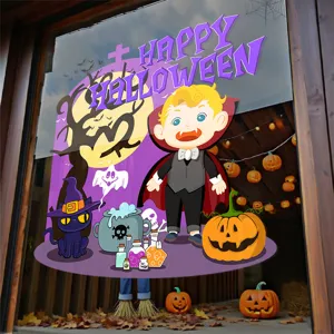 Vibrant Halloween static window stickers set featuring vampire boy, black cat and pumpkins