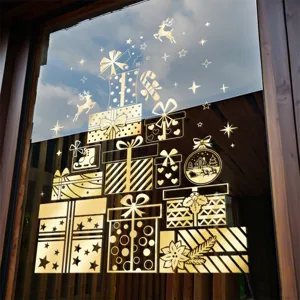 Golden Christmas gift box tree window stickers for holiday glass door decorations.