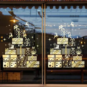 Festive golden Christmas tree window stickers featuring gift box designs for glass door decor