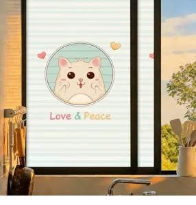 Detail of frosted privacy window film with cartoon hamster and Love & Peace text