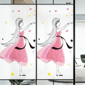 Matte raamfolie met roze cartoon meisje ontwerp voor privacy in de slaapkamer.