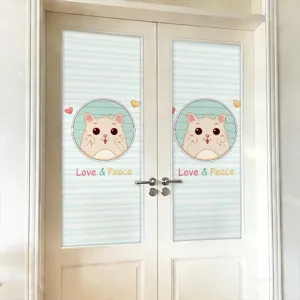 Decorative frosted privacy window film with cartoon cat and Love & Peace text on doors