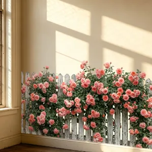 Realistische muursticker met roze roos en wit hek voor decoratie van lambrisering