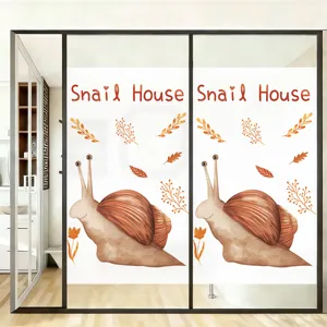 Privacy frosted glass film with brown cartoon snail and leaf design for home decor