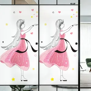 Decoratieve roze cartoon meisje statische matte raamfolie voor privacy in de slaapkamer