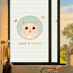 Frosted privacy window film featuring a cute cartoon cat and Love & Peace text for glass