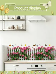 Detailed view of rose and butterfly fence wall stickers in a modern kitchen setup