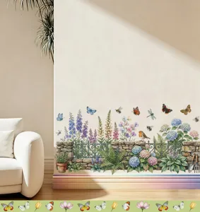 Vinilo decorativo de pared de jardín con mariposas y flores para decoración de rodapiés