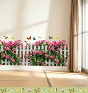 Rose flower and white fence wall stickers with colorful butterflies for room decor
