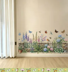 Vista detallada de pegatinas de pared de jardín con mariposas, abejas y motivos florales