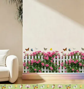 Detail view of floral rose and butterfly fence wall sticker on a beige living room wall