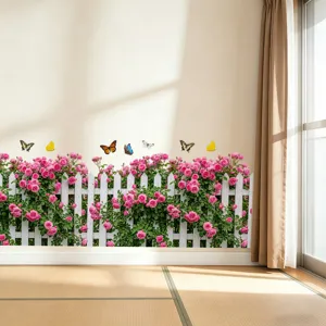 Self-adhesive floral wall sticker with pink roses, white fence, and colorful butterflies