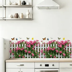 Beautiful self-adhesive floral wall sticker featuring pink roses, butterflies and white fence