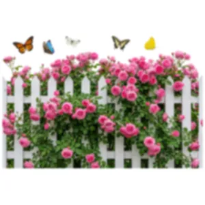 Self-adhesive wall stickers featuring pink roses, a white fence, and colorful butterflies