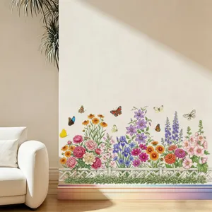 Kleurrijke bloemen tuin muurstickers met vlinders en hek voor interieurdecoratie