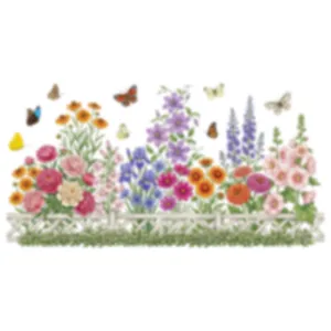 Kleurrijke bloemen en vlinders muursticker met wit hekwerk voor wanddecoratie huis.