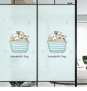 Frosted window film with cute cartoon cats for privacy and bathroom decoration