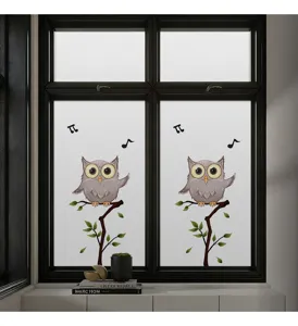 Close-up of frosted owl cartoon window privacy film applied to a modern black window