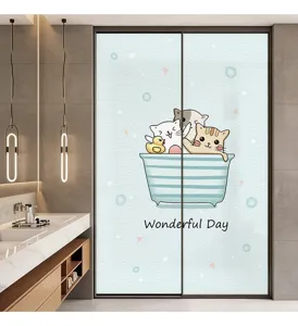 Frosted privacy window film featuring cute cartoon cats and Wonderful Day text decor