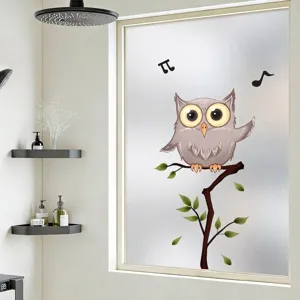 Owl Cartoon Window Film Frosted Glass Sticker Static Cling Privacy Cling Bathroom Decor Privacy Protection Non-Adhesive Window Film