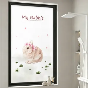 Frosted privacy window film featuring a cute cartoon brown rabbit with floral crown design.