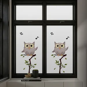 Cartoon owl privacy window film with frosted gray finish for bathroom windows