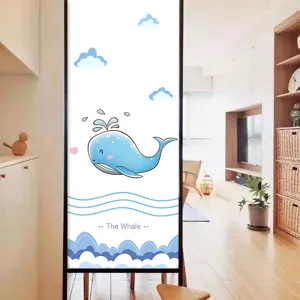 Cute cartoon blue whale decorative privacy window film for home glass doors and windows