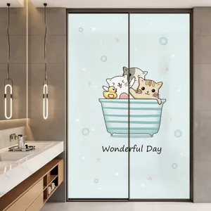 Cartoon cat frosted privacy glass film for bathroom window with Wonderful Day text.