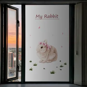 Frosted window privacy film with cute brown rabbit and floral design for home