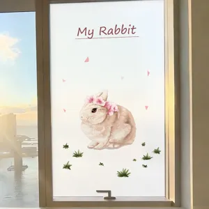 Frosted window film sticker featuring a cute brown rabbit with a pink flower crown