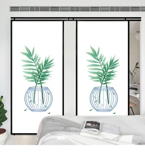 Detail of anti-peeping window film with green bamboo leaves and blue vase pattern