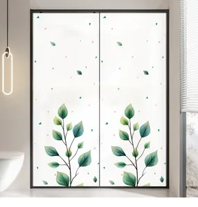 Detail view of frosted glass film with elegant green leaf pattern for bathroom privacy