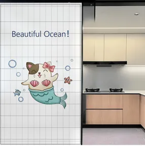 Detailansicht der mattierten Sichtschutzfolie mit süßem Meerjungfrauen-Katzen-Design