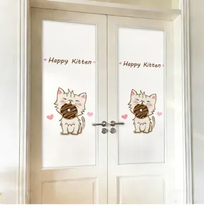 Frosted privacy glass film with cute cartoon kitten design applied on double doors