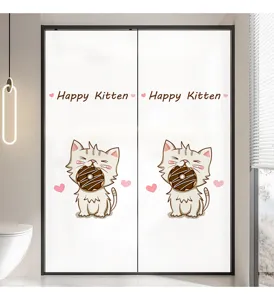Detailed view of frosted glass film with cute cat eating donut and Happy Kitten text.